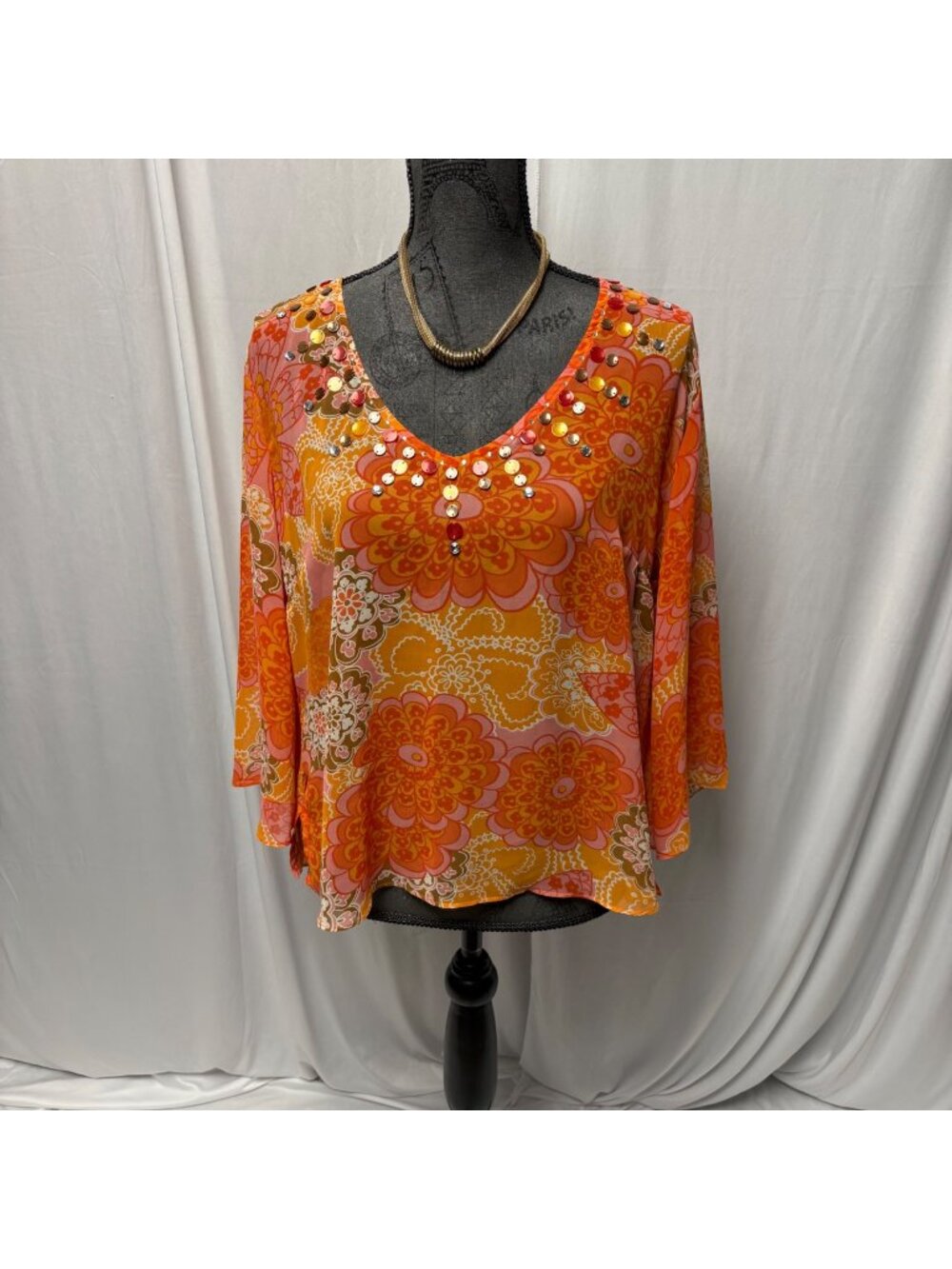 Daisy Fuentes Orange Pink Embellished Blouse Womens Sz XL Boho Floral Tunic Top